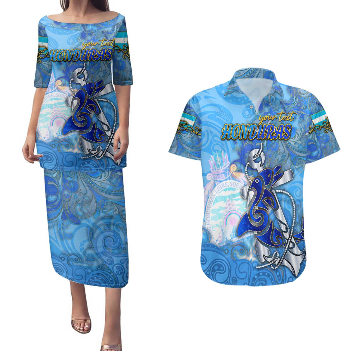 Ocean Spirit of Honduras Couples Matching Puletasi and Hawaiian Shirt Anchored in Honduran Pride - Aussie Hoodie