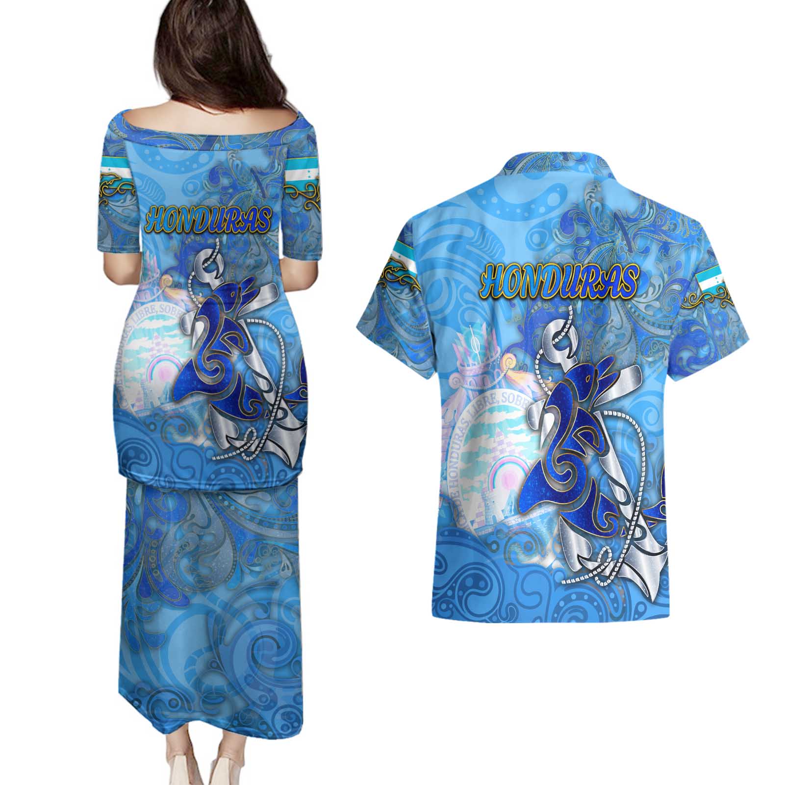 Ocean Spirit of Honduras Couples Matching Puletasi and Hawaiian Shirt Anchored in Honduran Pride - Aussie Hoodie