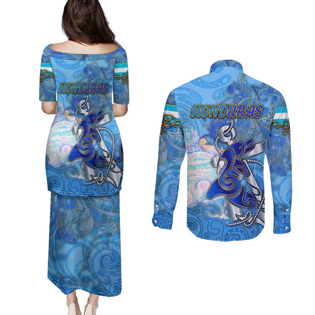 Ocean Spirit of Honduras Couples Matching Puletasi and Long Sleeve Button Shirt Anchored in Honduran Pride - Aussie Hoodie