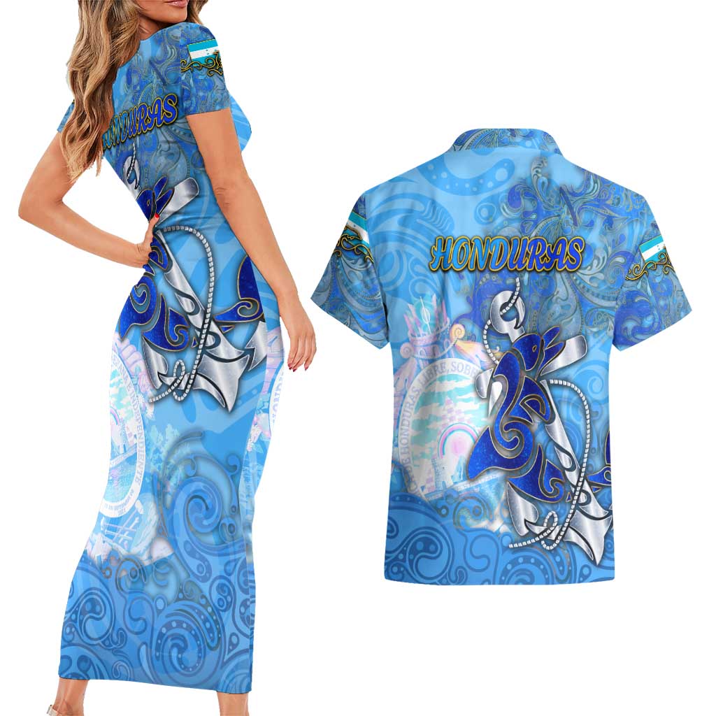Ocean Spirit of Honduras Couples Matching Short Sleeve Bodycon Dress and Hawaiian Shirt Anchored in Honduran Pride - Aussie Hoodie
