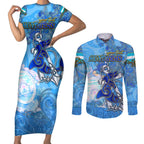 Ocean Spirit of Honduras Couples Matching Short Sleeve Bodycon Dress and Long Sleeve Button Shirt Anchored in Honduran Pride - Aussie Hoodie