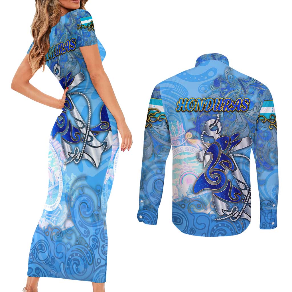 Ocean Spirit of Honduras Couples Matching Short Sleeve Bodycon Dress and Long Sleeve Button Shirt Anchored in Honduran Pride - Aussie Hoodie