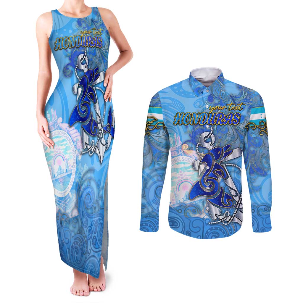 Ocean Spirit of Honduras Couples Matching Tank Maxi Dress and Long Sleeve Button Shirt Anchored in Honduran Pride - Aussie Hoodie
