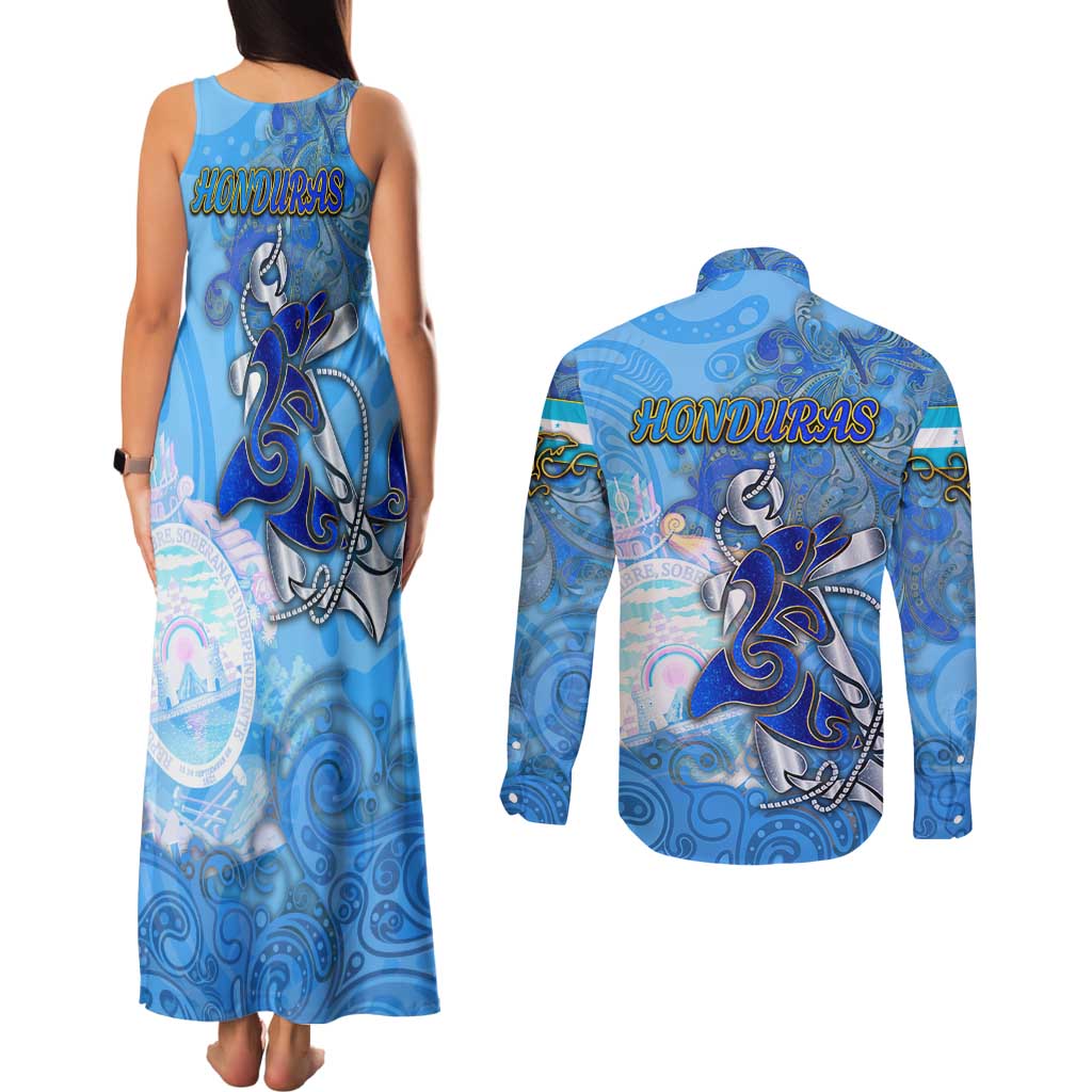 Ocean Spirit of Honduras Couples Matching Tank Maxi Dress and Long Sleeve Button Shirt Anchored in Honduran Pride - Aussie Hoodie