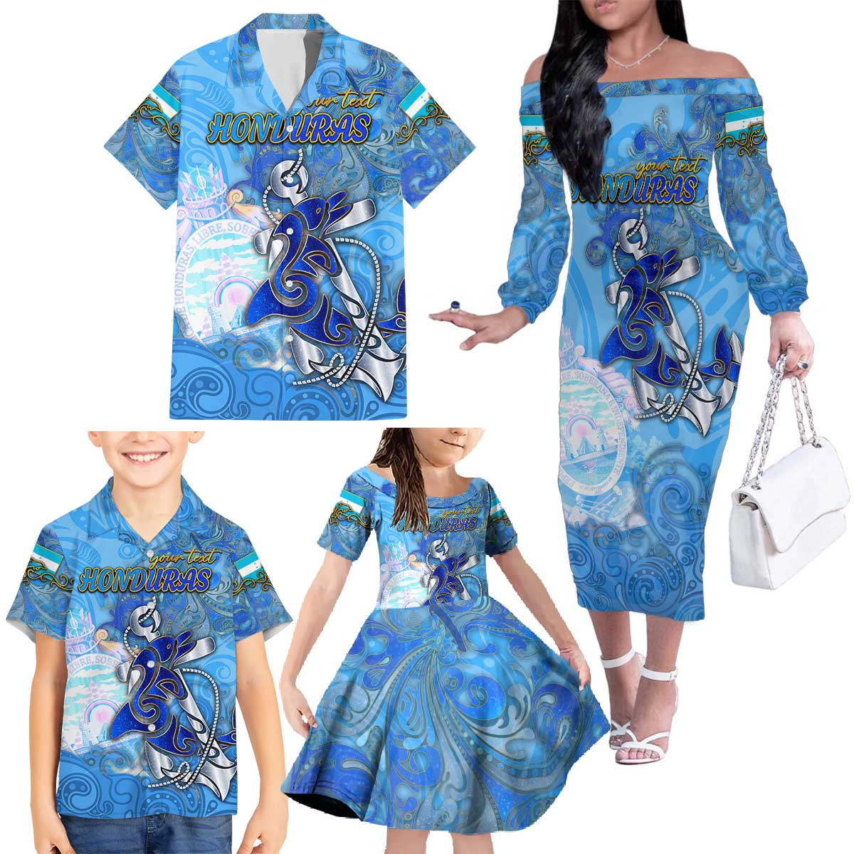 Ocean Spirit of Honduras Family Matching Off The Shoulder Long Sleeve Dress and Hawaiian Shirt Anchored in Honduran Pride - Aussie Hoodie