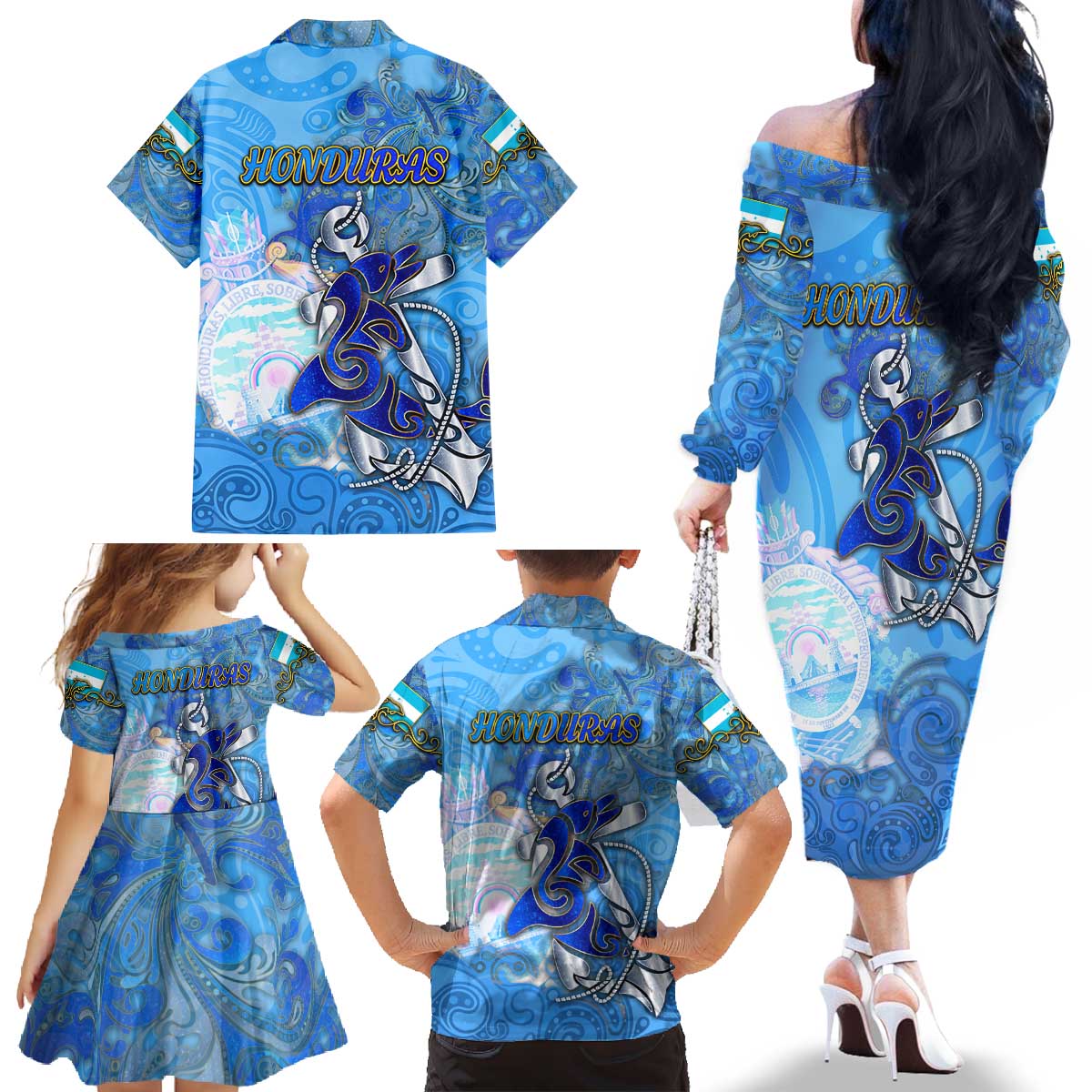 Ocean Spirit of Honduras Family Matching Off The Shoulder Long Sleeve Dress and Hawaiian Shirt Anchored in Honduran Pride - Aussie Hoodie