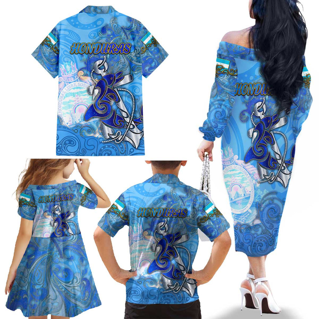 Ocean Spirit of Honduras Family Matching Off The Shoulder Long Sleeve Dress and Hawaiian Shirt Anchored in Honduran Pride - Aussie Hoodie