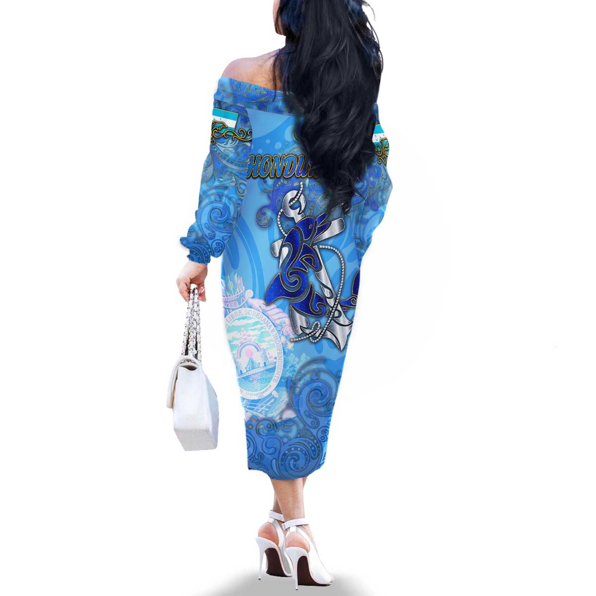Ocean Spirit of Honduras Family Matching Off The Shoulder Long Sleeve Dress and Hawaiian Shirt Anchored in Honduran Pride - Aussie Hoodie