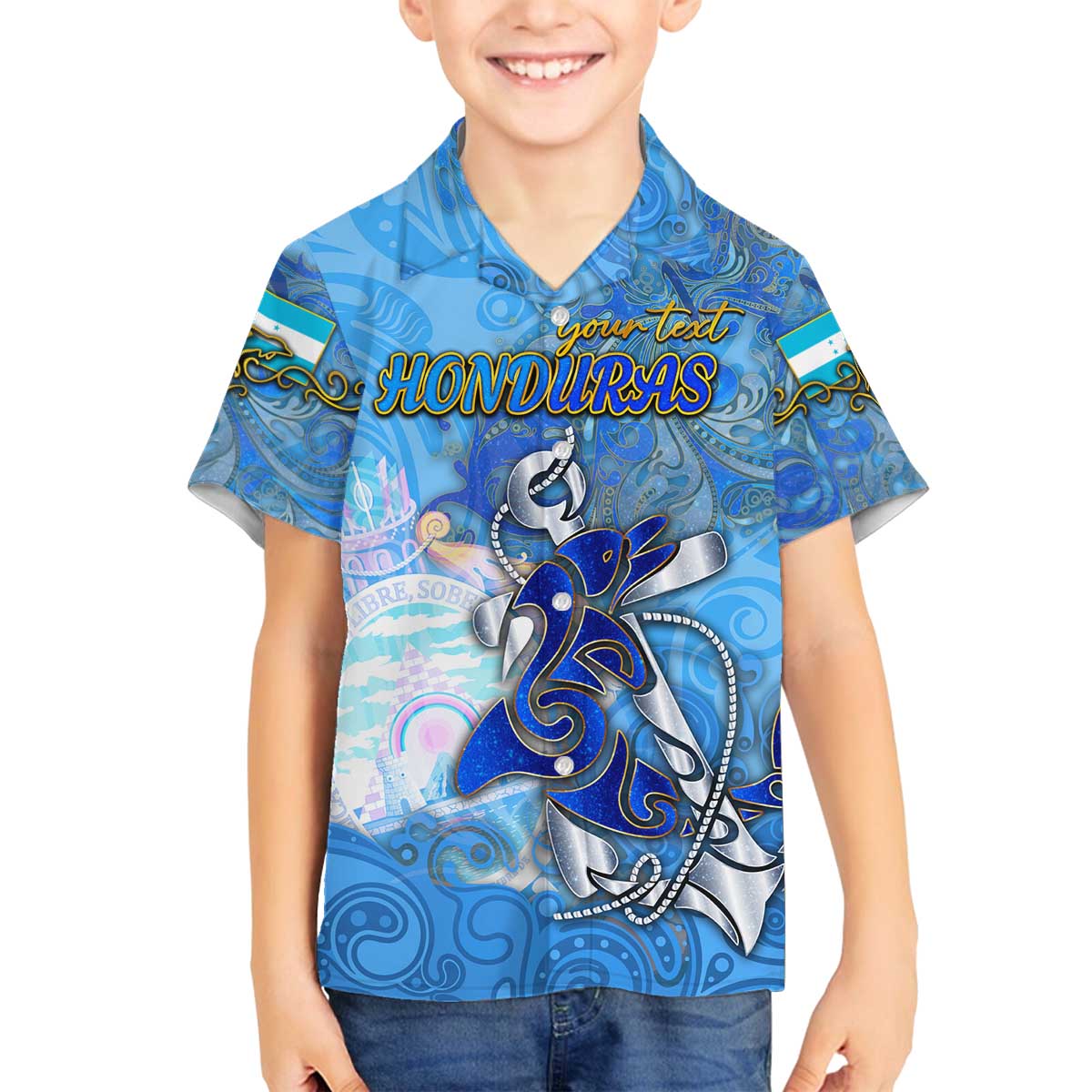 Ocean Spirit of Honduras Family Matching Off The Shoulder Long Sleeve Dress and Hawaiian Shirt Anchored in Honduran Pride - Aussie Hoodie