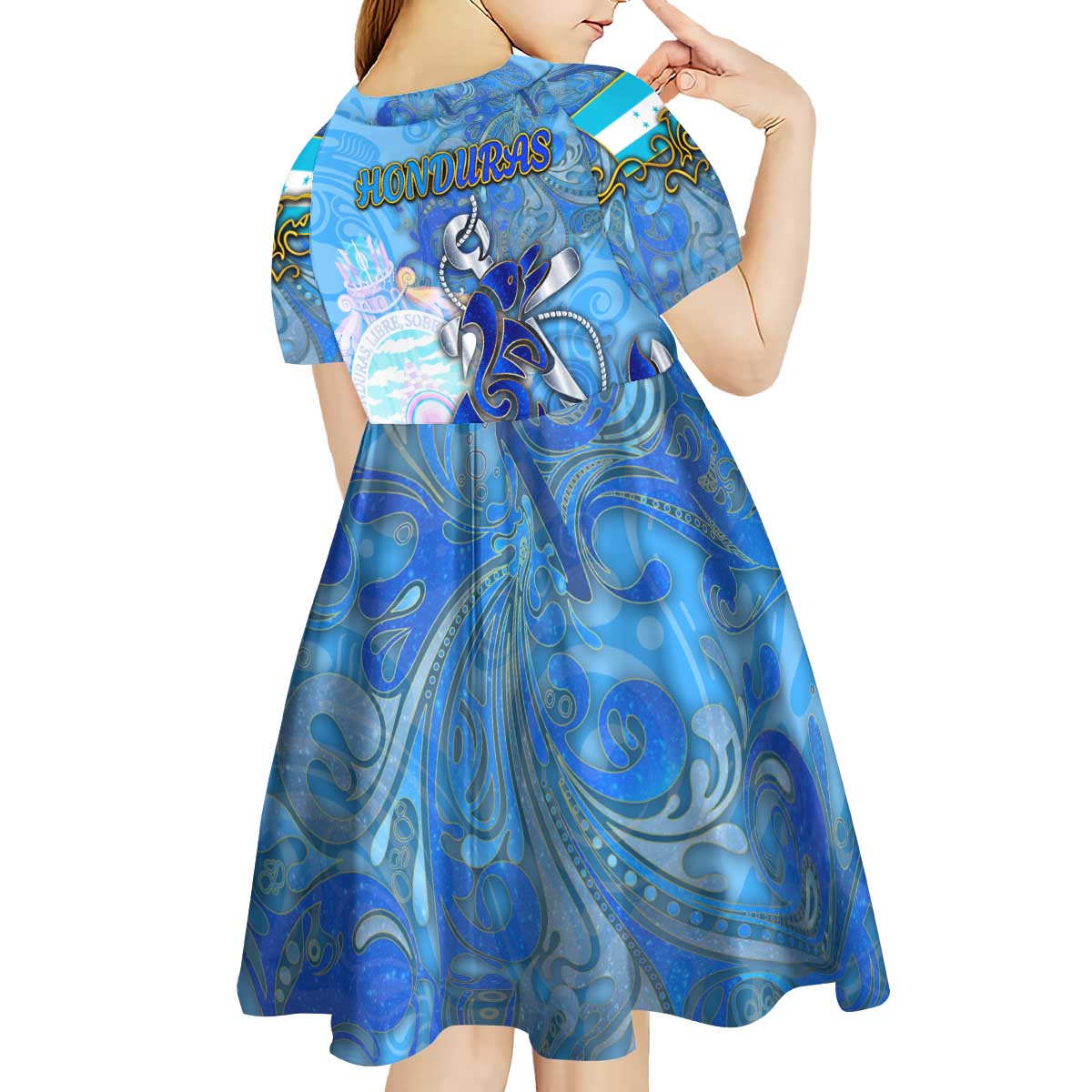 Ocean Spirit of Honduras Kid Short Sleeve Dress Anchored in Honduran Pride - Aussie Hoodie