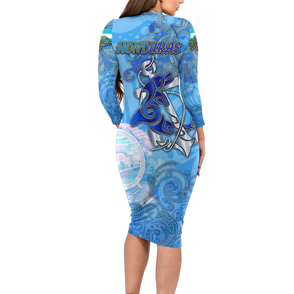 Ocean Spirit of Honduras Long Sleeve Bodycon Dress Anchored in Honduran Pride - Aussie Hoodie