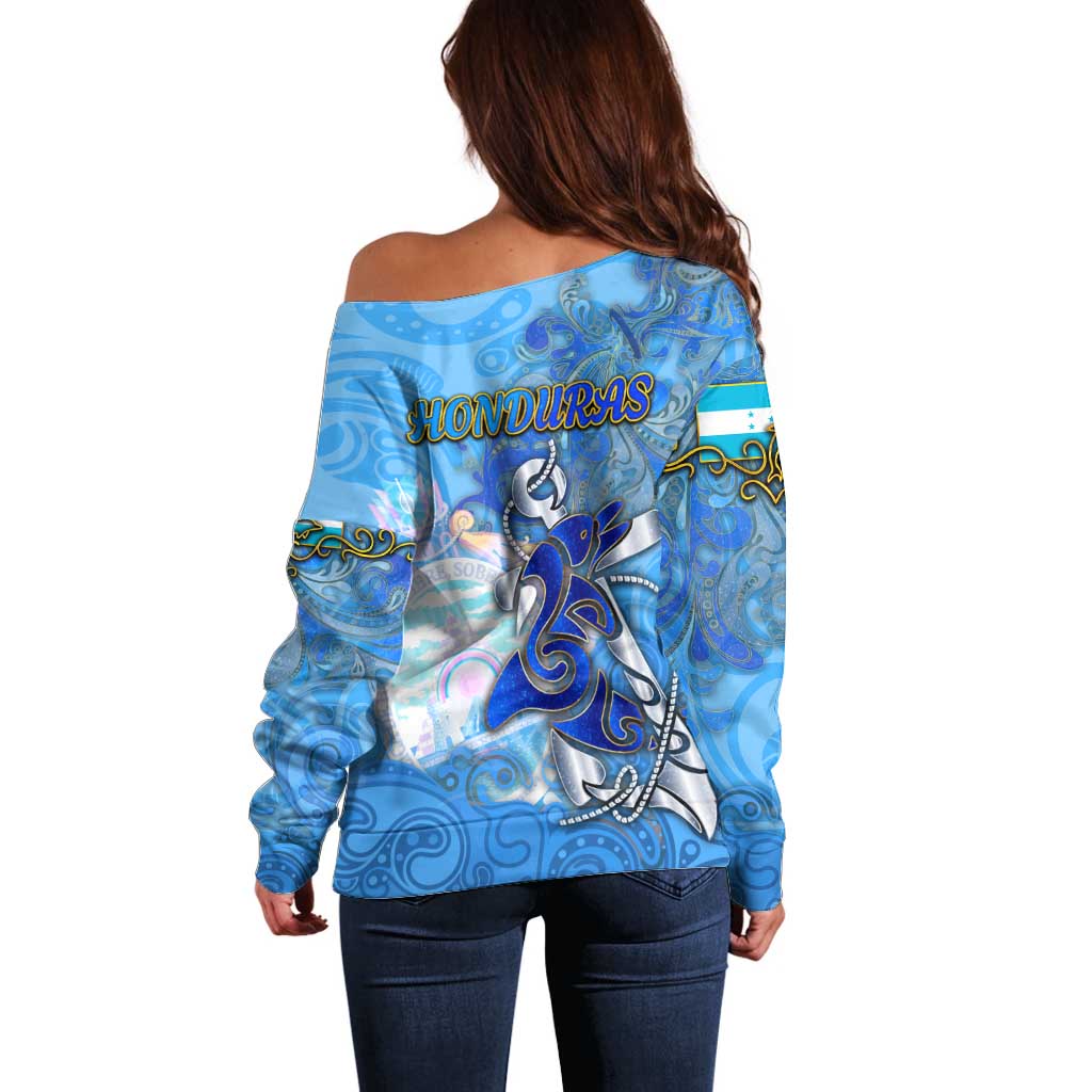 Ocean Spirit of Honduras Off Shoulder Sweater Anchored in Honduran Pride - Aussie Hoodie