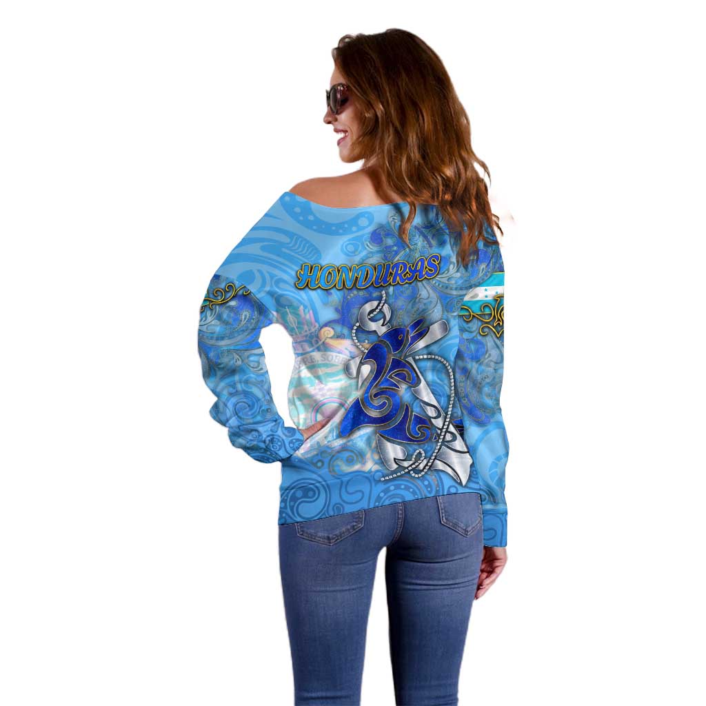 Ocean Spirit of Honduras Off Shoulder Sweater Anchored in Honduran Pride - Aussie Hoodie