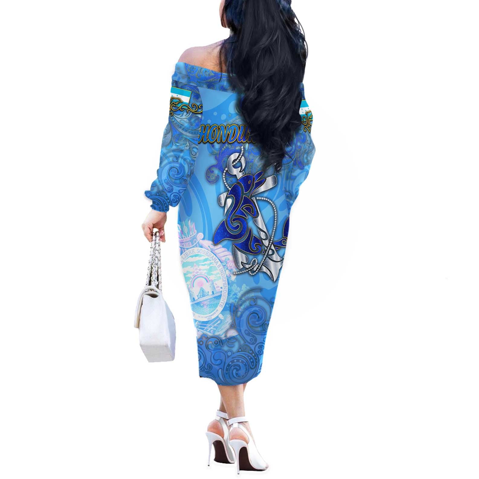 Ocean Spirit of Honduras Off The Shoulder Long Sleeve Dress Anchored in Honduran Pride - Aussie Hoodie