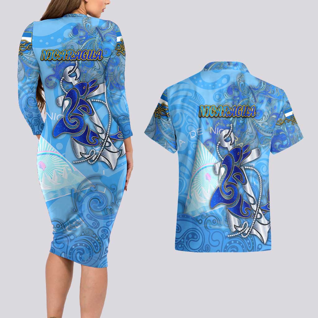 Ocean Spirit of Nicaragua Couples Matching Long Sleeve Bodycon Dress and Hawaiian Shirt Anchored in Nicaraguan Pride - Aussie Hoodie