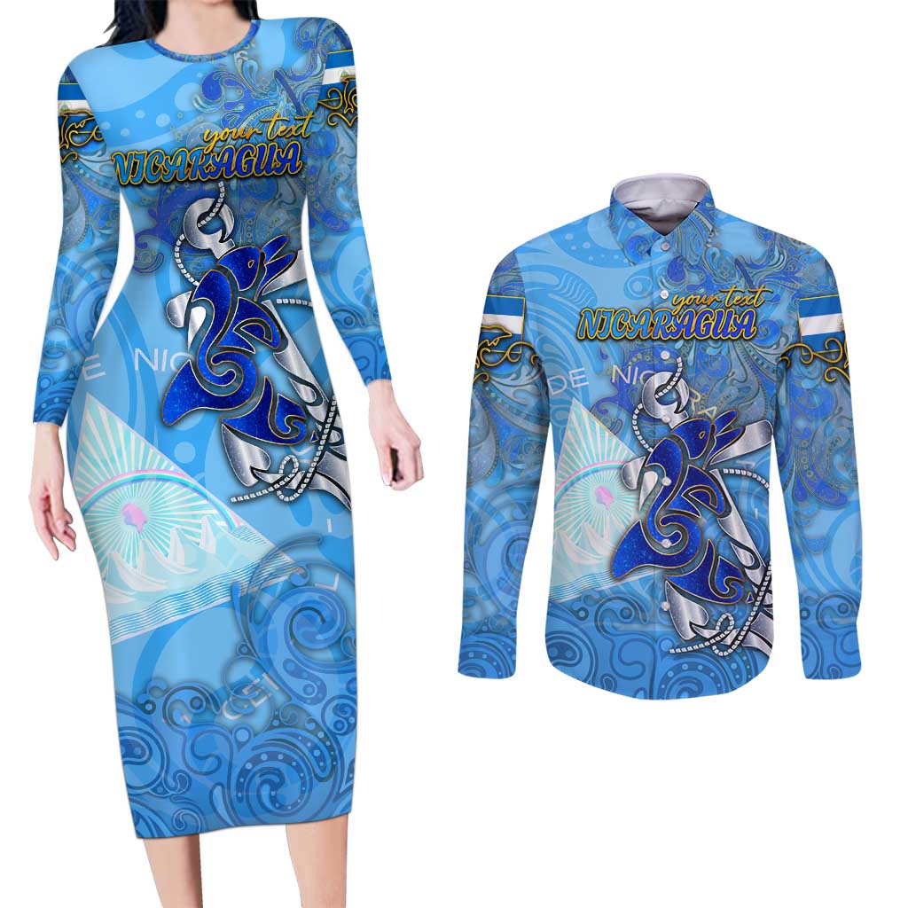 Ocean Spirit of Nicaragua Couples Matching Long Sleeve Bodycon Dress and Long Sleeve Button Shirt Anchored in Nicaraguan Pride - Aussie Hoodie