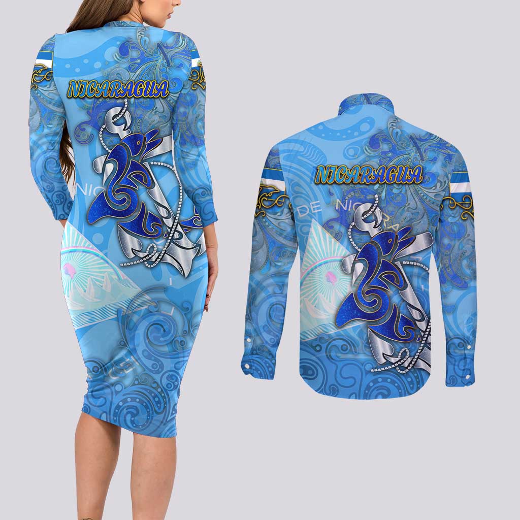 Ocean Spirit of Nicaragua Couples Matching Long Sleeve Bodycon Dress and Long Sleeve Button Shirt Anchored in Nicaraguan Pride - Aussie Hoodie