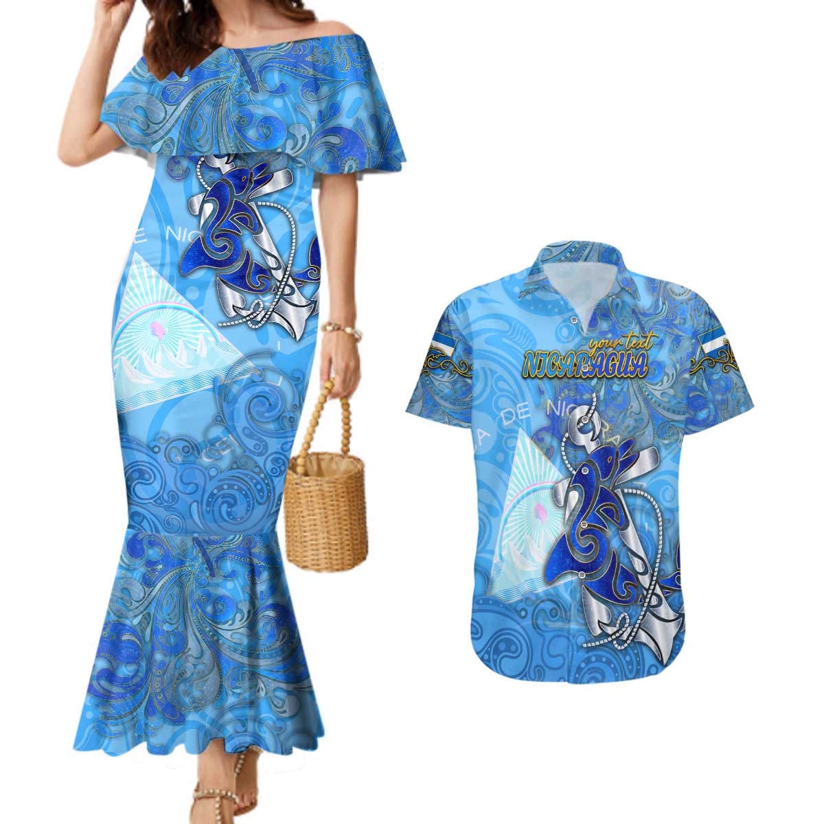 Ocean Spirit of Nicaragua Couples Matching Mermaid Dress and Hawaiian Shirt Anchored in Nicaraguan Pride - Aussie Hoodie