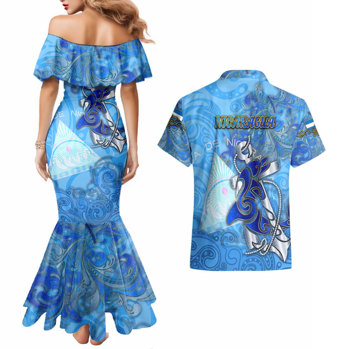Ocean Spirit of Nicaragua Couples Matching Mermaid Dress and Hawaiian Shirt Anchored in Nicaraguan Pride - Aussie Hoodie