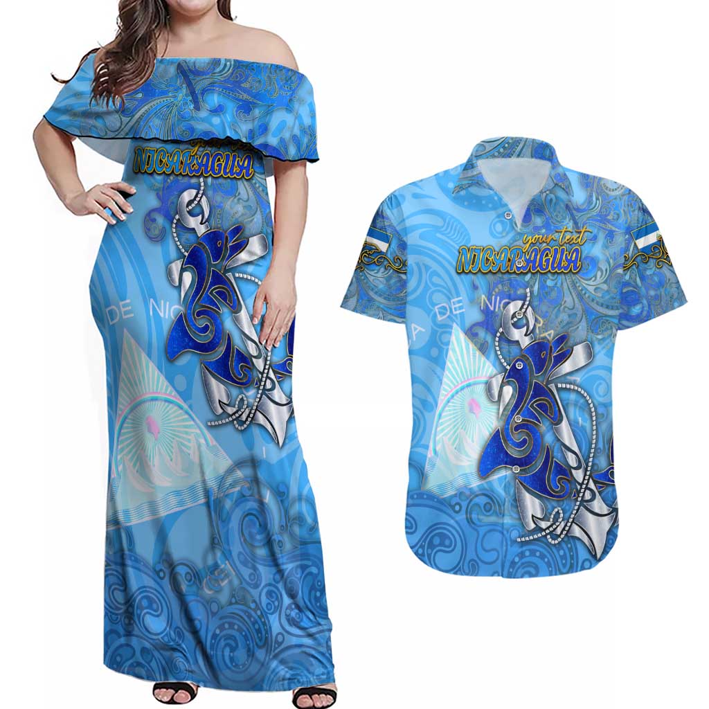 Ocean Spirit of Nicaragua Couples Matching Off Shoulder Maxi Dress and Hawaiian Shirt Anchored in Nicaraguan Pride - Aussie Hoodie
