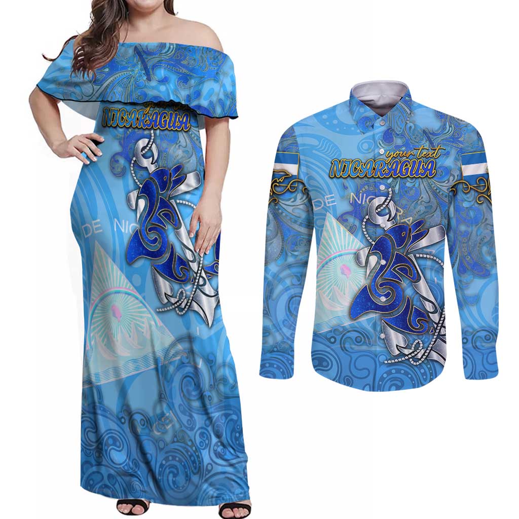 Ocean Spirit of Nicaragua Couples Matching Off Shoulder Maxi Dress and Long Sleeve Button Shirt Anchored in Nicaraguan Pride - Aussie Hoodie