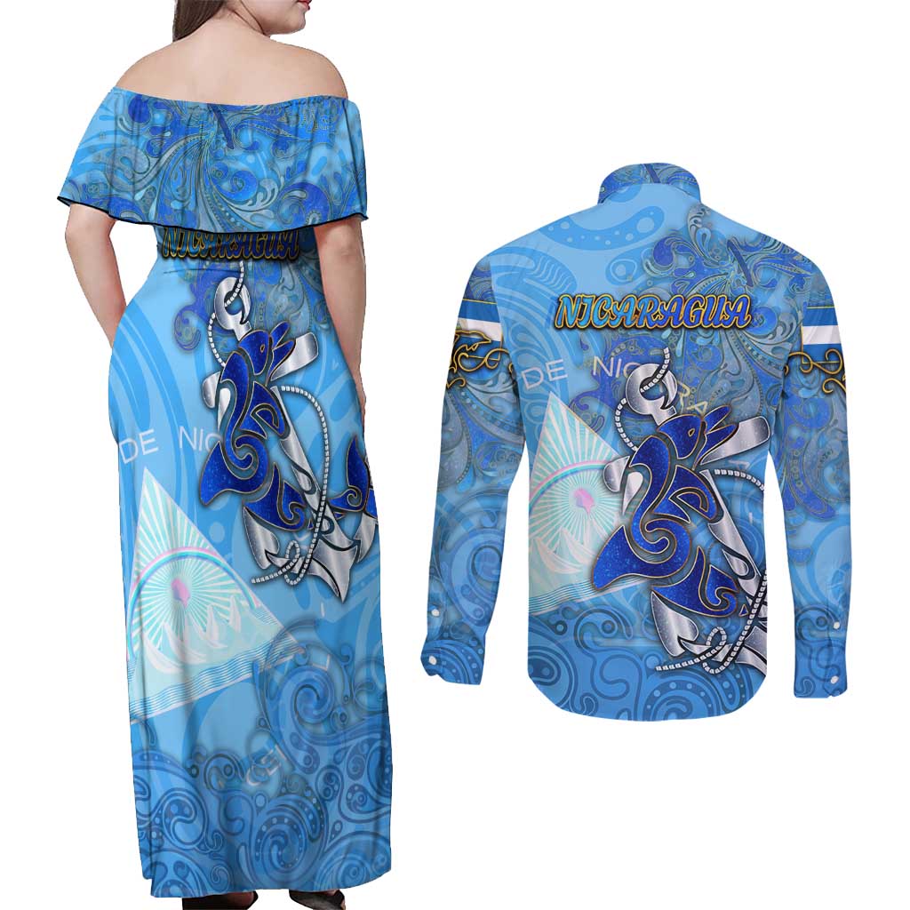 Ocean Spirit of Nicaragua Couples Matching Off Shoulder Maxi Dress and Long Sleeve Button Shirt Anchored in Nicaraguan Pride - Aussie Hoodie