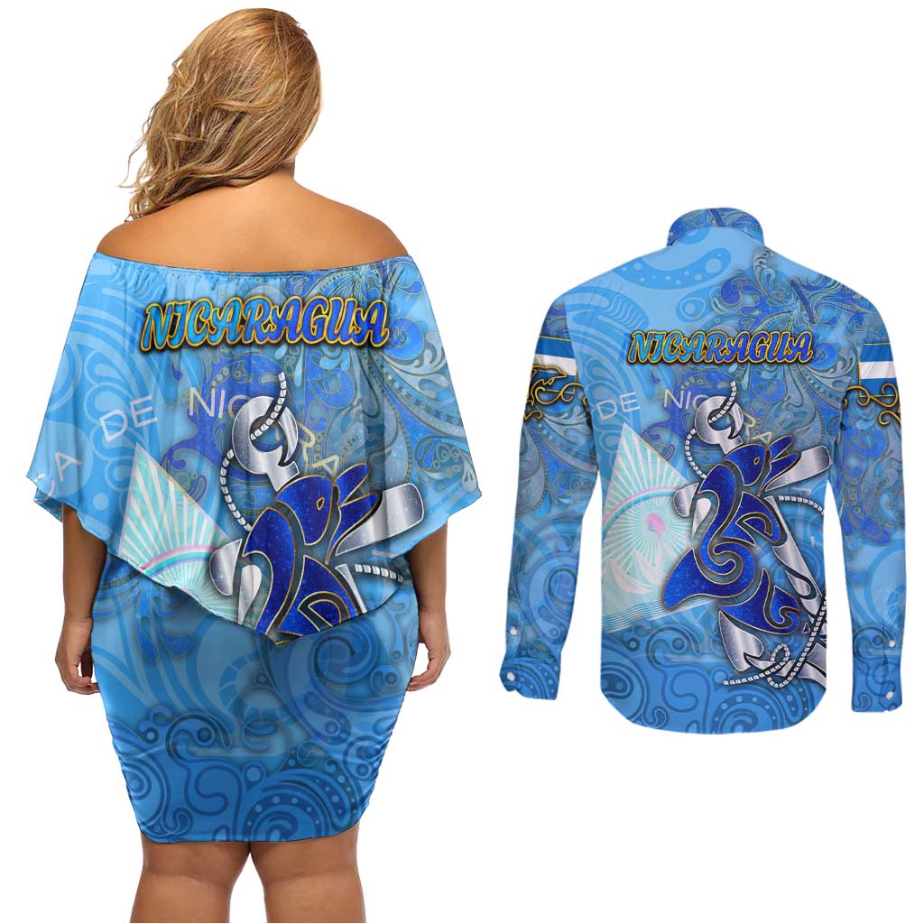 Ocean Spirit of Nicaragua Couples Matching Off Shoulder Short Dress and Long Sleeve Button Shirt Anchored in Nicaraguan Pride - Aussie Hoodie