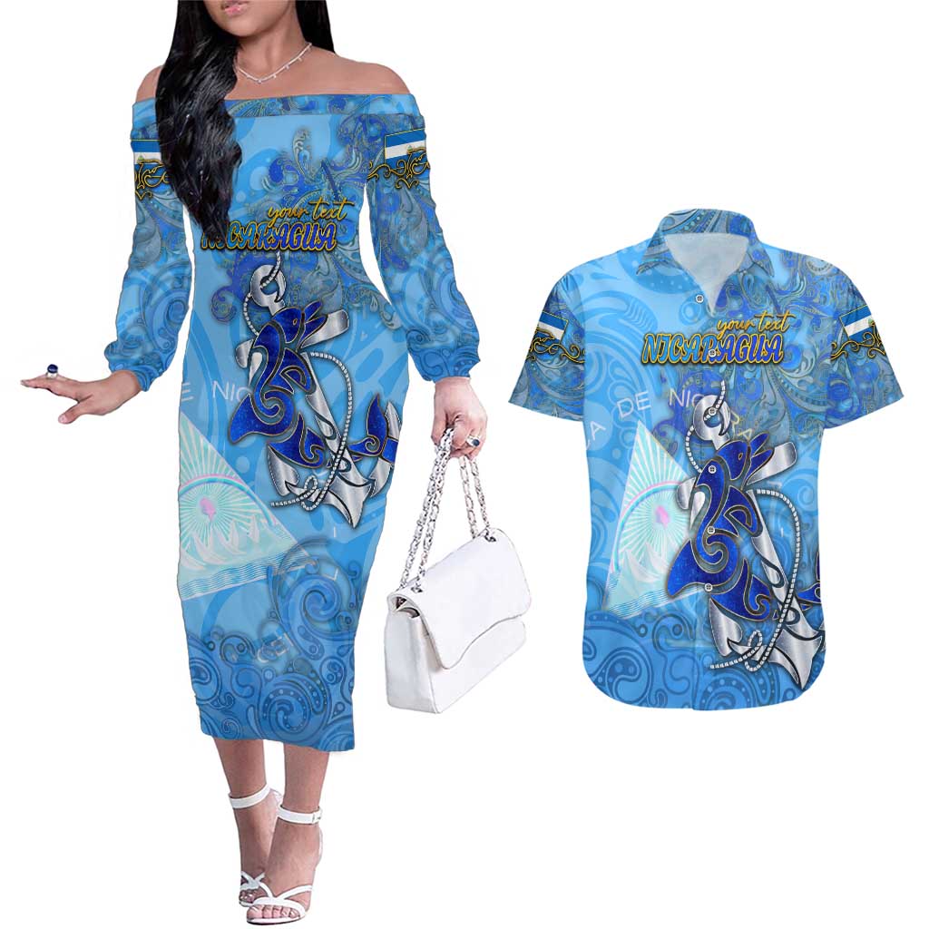 Ocean Spirit of Nicaragua Couples Matching Off The Shoulder Long Sleeve Dress and Hawaiian Shirt Anchored in Nicaraguan Pride - Aussie Hoodie