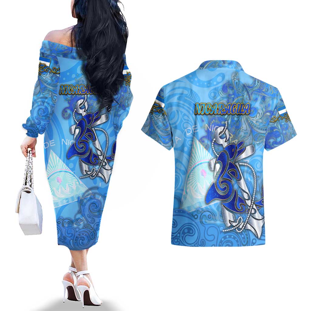 Ocean Spirit of Nicaragua Couples Matching Off The Shoulder Long Sleeve Dress and Hawaiian Shirt Anchored in Nicaraguan Pride - Aussie Hoodie