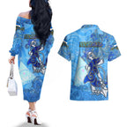 Ocean Spirit of Nicaragua Couples Matching Off The Shoulder Long Sleeve Dress and Hawaiian Shirt Anchored in Nicaraguan Pride - Aussie Hoodie