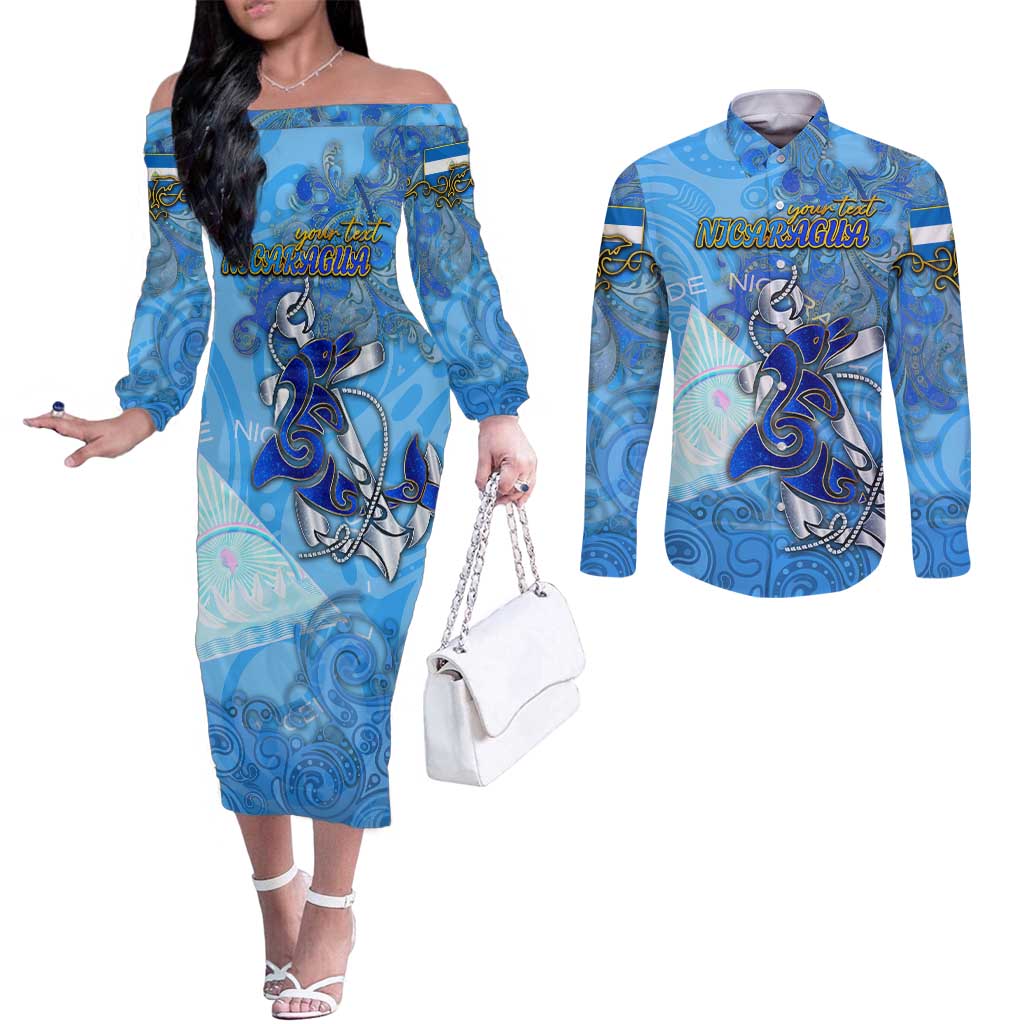 Ocean Spirit of Nicaragua Couples Matching Off The Shoulder Long Sleeve Dress and Long Sleeve Button Shirt Anchored in Nicaraguan Pride - Aussie Hoodie