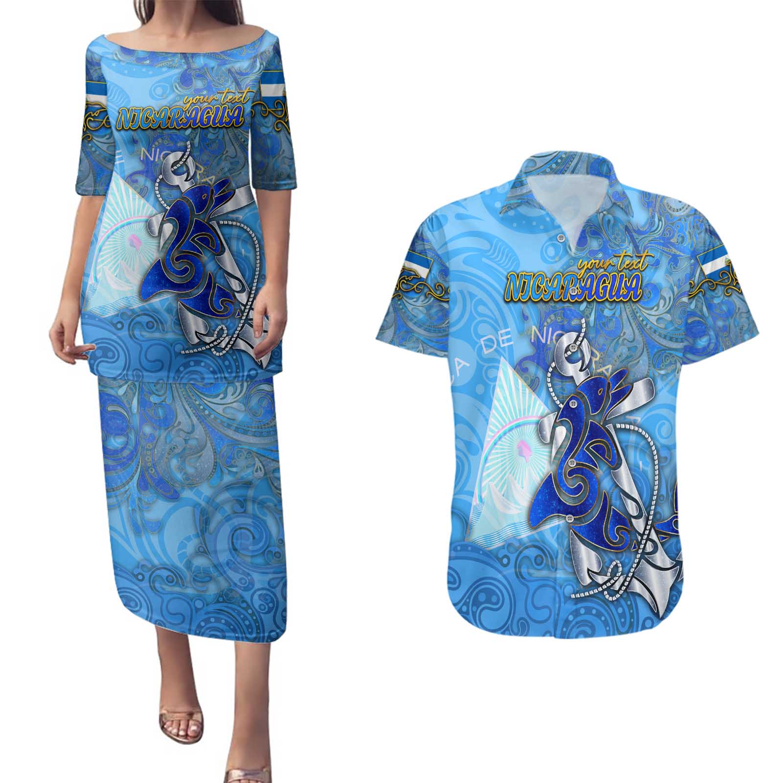 Ocean Spirit of Nicaragua Couples Matching Puletasi and Hawaiian Shirt Anchored in Nicaraguan Pride - Aussie Hoodie