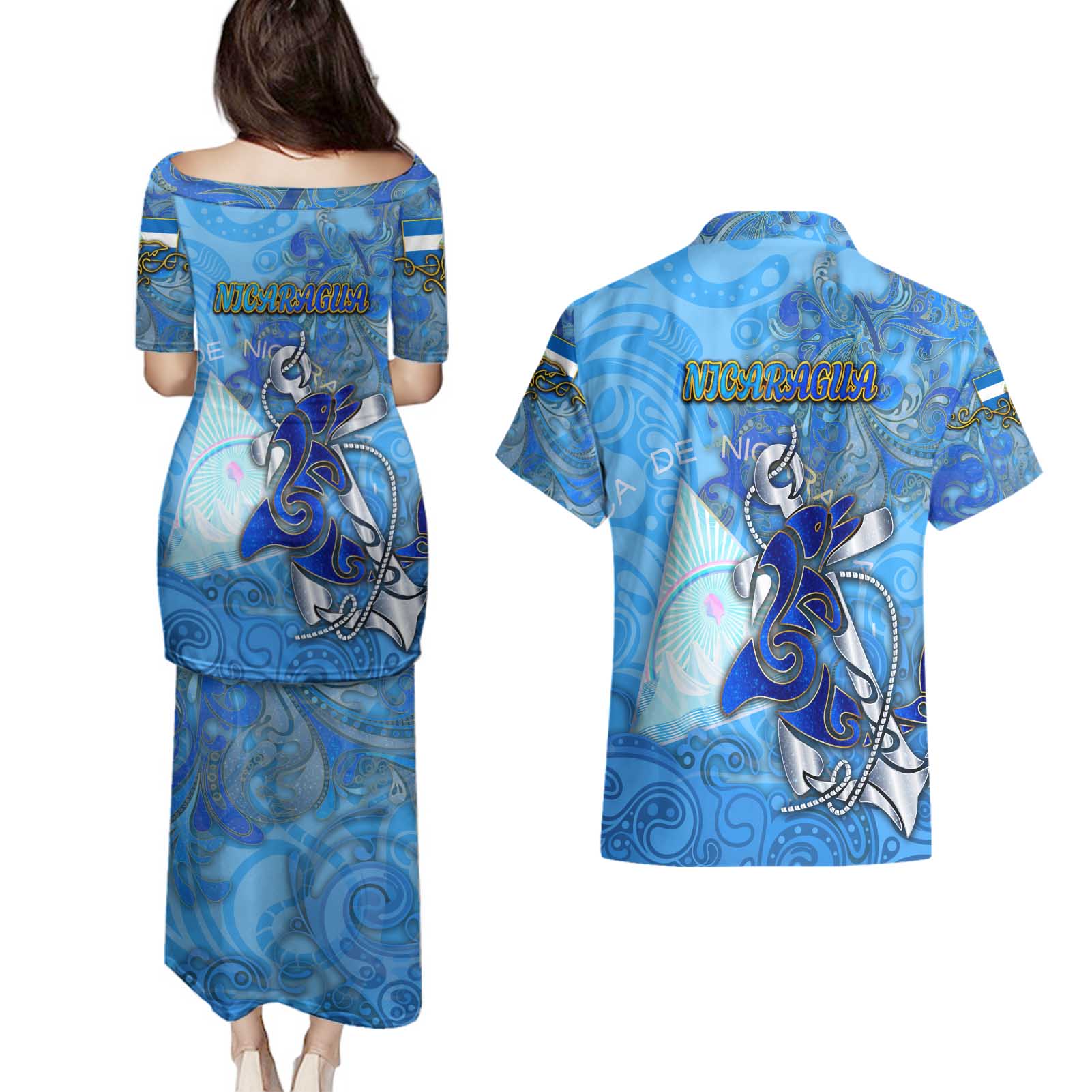 Ocean Spirit of Nicaragua Couples Matching Puletasi and Hawaiian Shirt Anchored in Nicaraguan Pride - Aussie Hoodie
