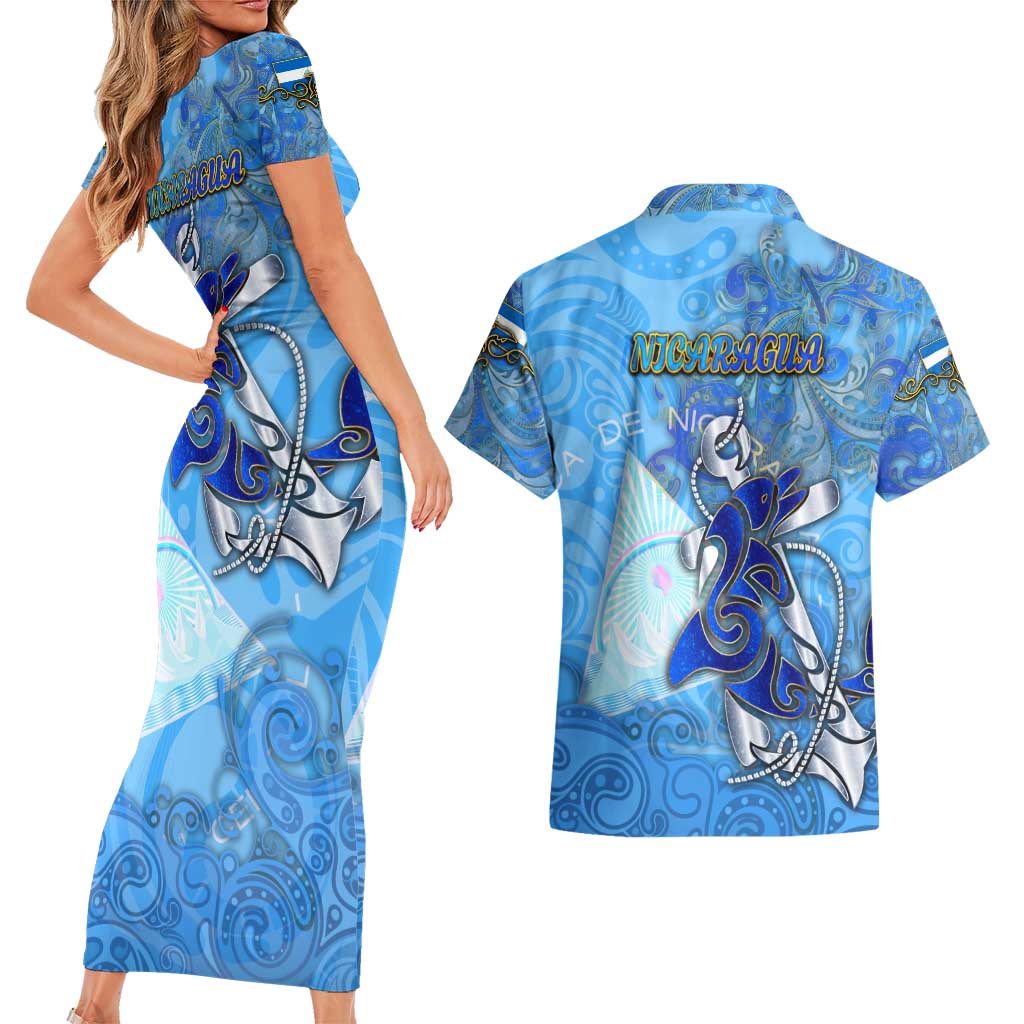 Ocean Spirit of Nicaragua Couples Matching Short Sleeve Bodycon Dress and Hawaiian Shirt Anchored in Nicaraguan Pride - Aussie Hoodie