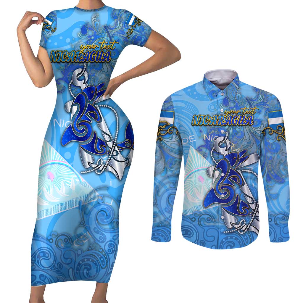 Ocean Spirit of Nicaragua Couples Matching Short Sleeve Bodycon Dress and Long Sleeve Button Shirt Anchored in Nicaraguan Pride - Aussie Hoodie