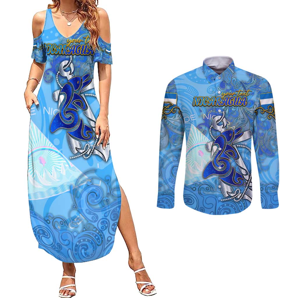 Ocean Spirit of Nicaragua Couples Matching Summer Maxi Dress and Long Sleeve Button Shirt Anchored in Nicaraguan Pride - Aussie Hoodie