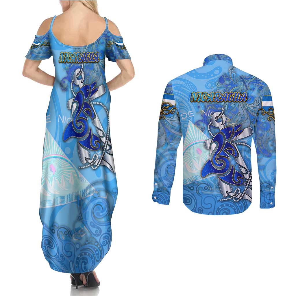 Ocean Spirit of Nicaragua Couples Matching Summer Maxi Dress and Long Sleeve Button Shirt Anchored in Nicaraguan Pride - Aussie Hoodie