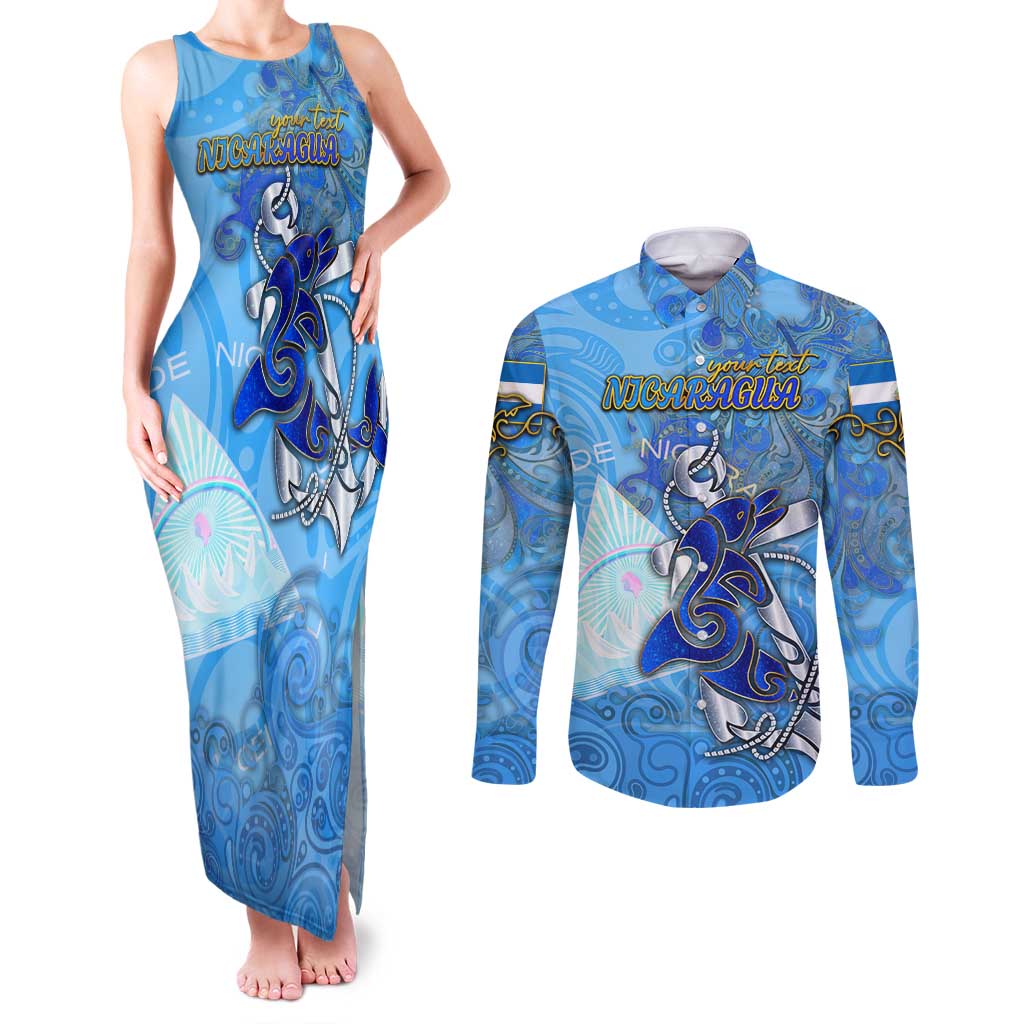 Ocean Spirit of Nicaragua Couples Matching Tank Maxi Dress and Long Sleeve Button Shirt Anchored in Nicaraguan Pride - Aussie Hoodie