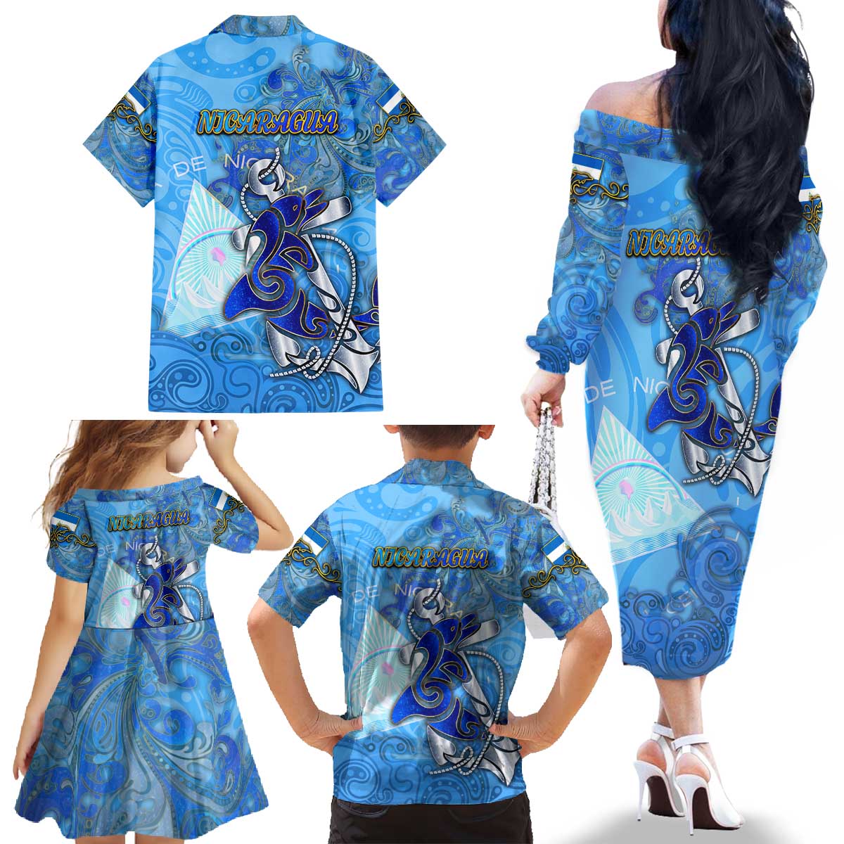 Ocean Spirit of Nicaragua Family Matching Off The Shoulder Long Sleeve Dress and Hawaiian Shirt Anchored in Nicaraguan Pride - Aussie Hoodie