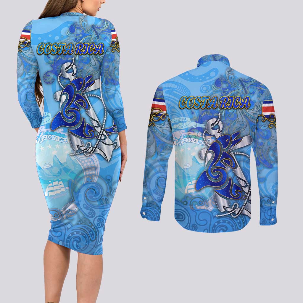 Ocean Spirit of Costa Rica Couples Matching Long Sleeve Bodycon Dress and Long Sleeve Button Shirt Anchored in Costa Rican Pride - Aussie Hoodie