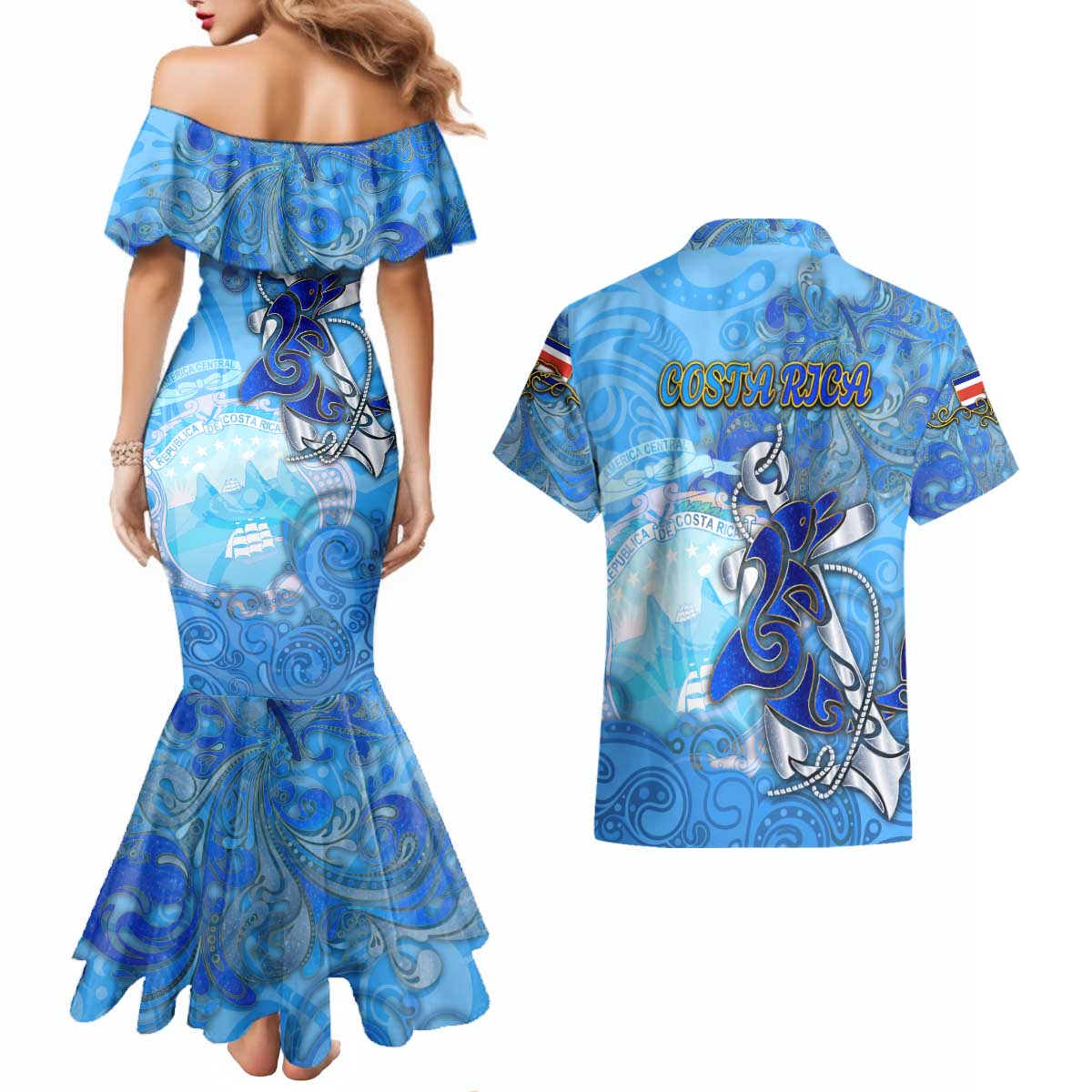 Ocean Spirit of Costa Rica Couples Matching Mermaid Dress and Hawaiian Shirt Anchored in Costa Rican Pride - Aussie Hoodie