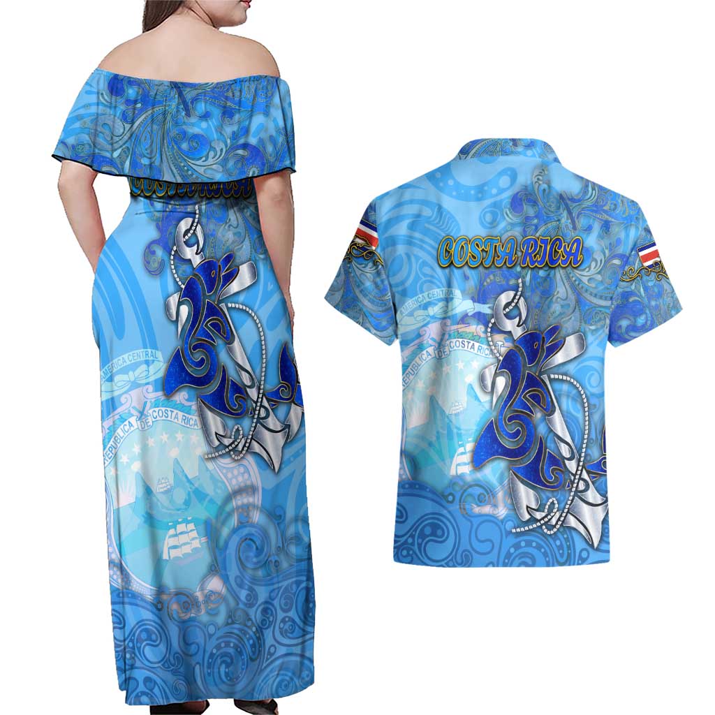 Ocean Spirit of Costa Rica Couples Matching Off Shoulder Maxi Dress and Hawaiian Shirt Anchored in Costa Rican Pride - Aussie Hoodie