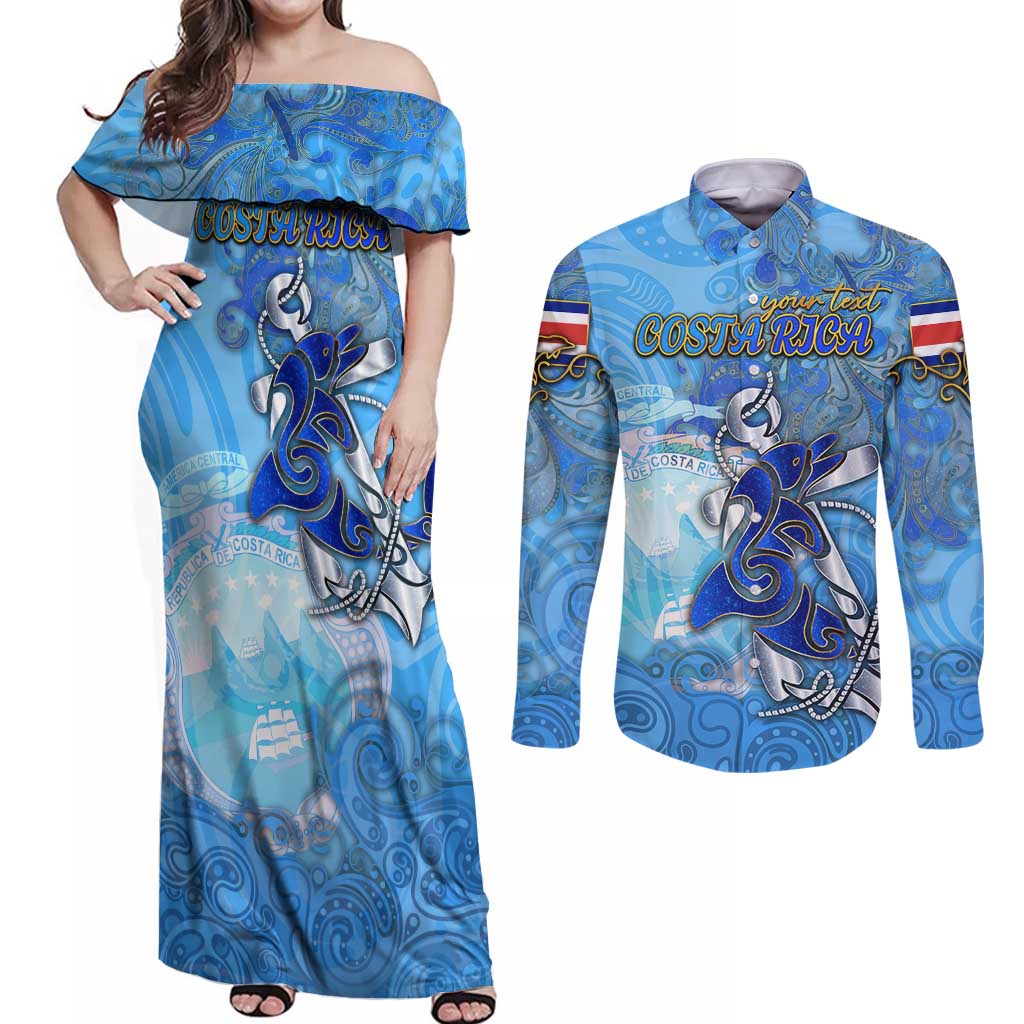 Ocean Spirit of Costa Rica Couples Matching Off Shoulder Maxi Dress and Long Sleeve Button Shirt Anchored in Costa Rican Pride - Aussie Hoodie