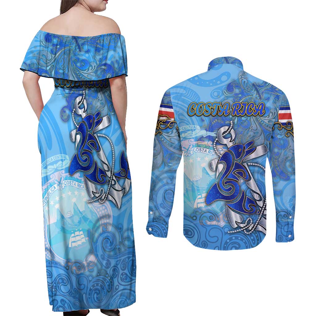 Ocean Spirit of Costa Rica Couples Matching Off Shoulder Maxi Dress and Long Sleeve Button Shirt Anchored in Costa Rican Pride - Aussie Hoodie