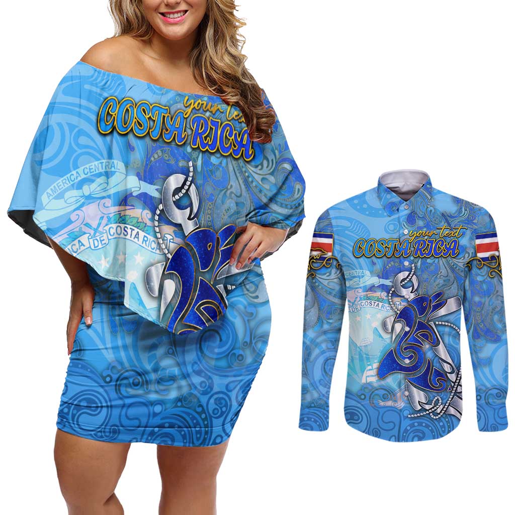 Ocean Spirit of Costa Rica Couples Matching Off Shoulder Short Dress and Long Sleeve Button Shirt Anchored in Costa Rican Pride - Aussie Hoodie