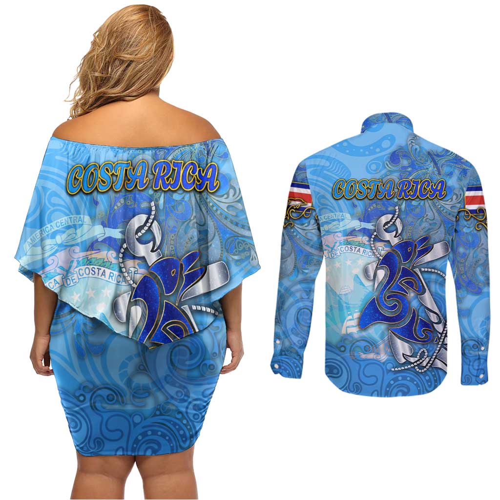 Ocean Spirit of Costa Rica Couples Matching Off Shoulder Short Dress and Long Sleeve Button Shirt Anchored in Costa Rican Pride - Aussie Hoodie