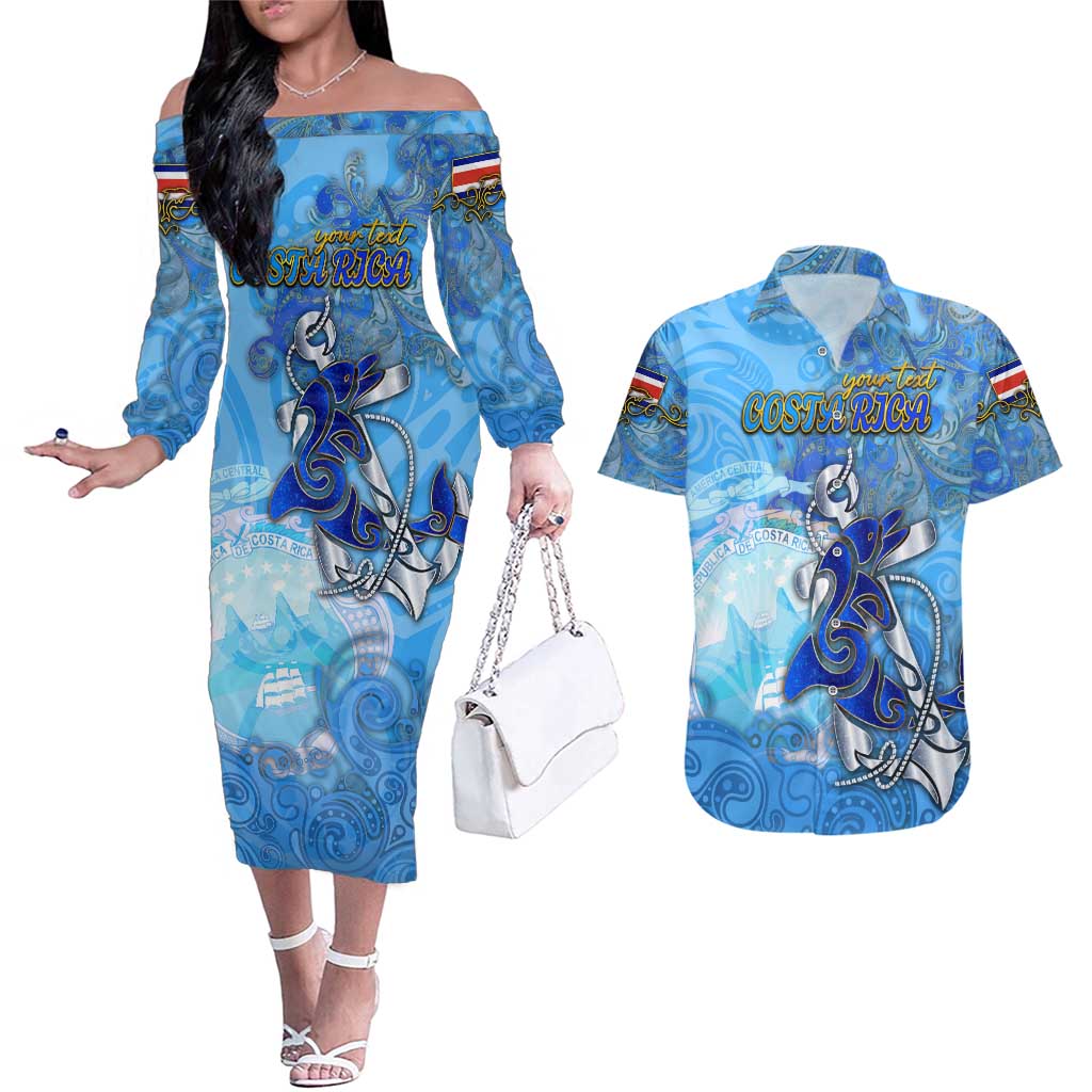 Ocean Spirit of Costa Rica Couples Matching Off The Shoulder Long Sleeve Dress and Hawaiian Shirt Anchored in Costa Rican Pride - Aussie Hoodie
