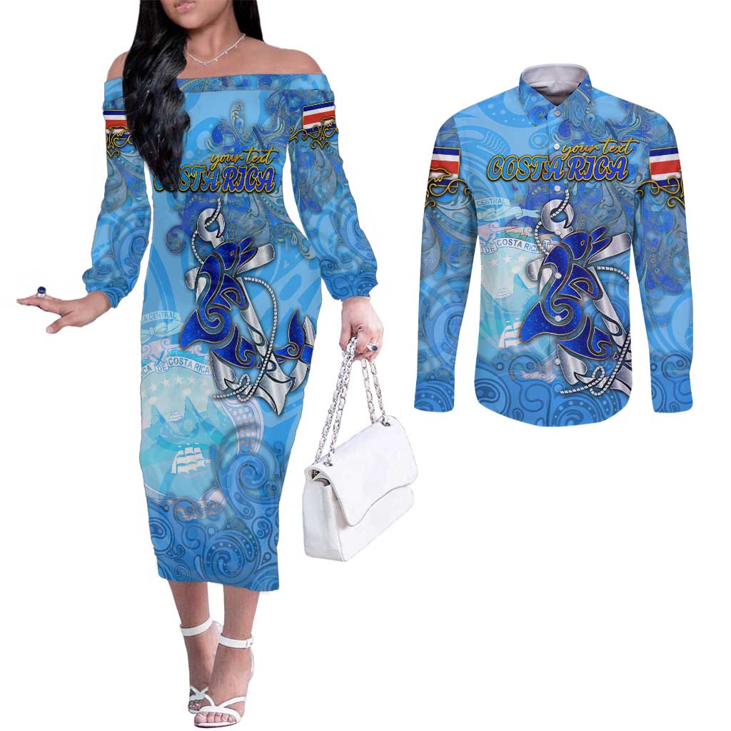 Ocean Spirit of Costa Rica Couples Matching Off The Shoulder Long Sleeve Dress and Long Sleeve Button Shirt Anchored in Costa Rican Pride - Aussie Hoodie