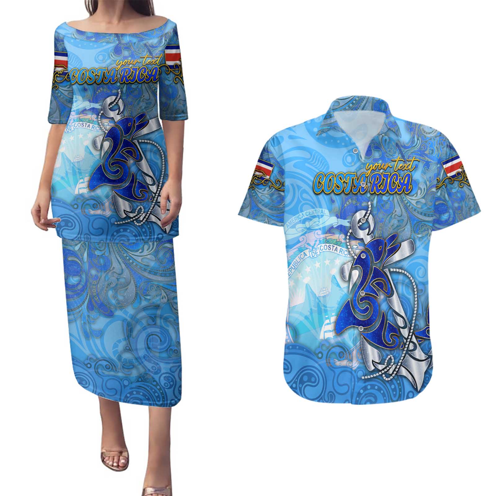 Ocean Spirit of Costa Rica Couples Matching Puletasi and Hawaiian Shirt Anchored in Costa Rican Pride - Aussie Hoodie