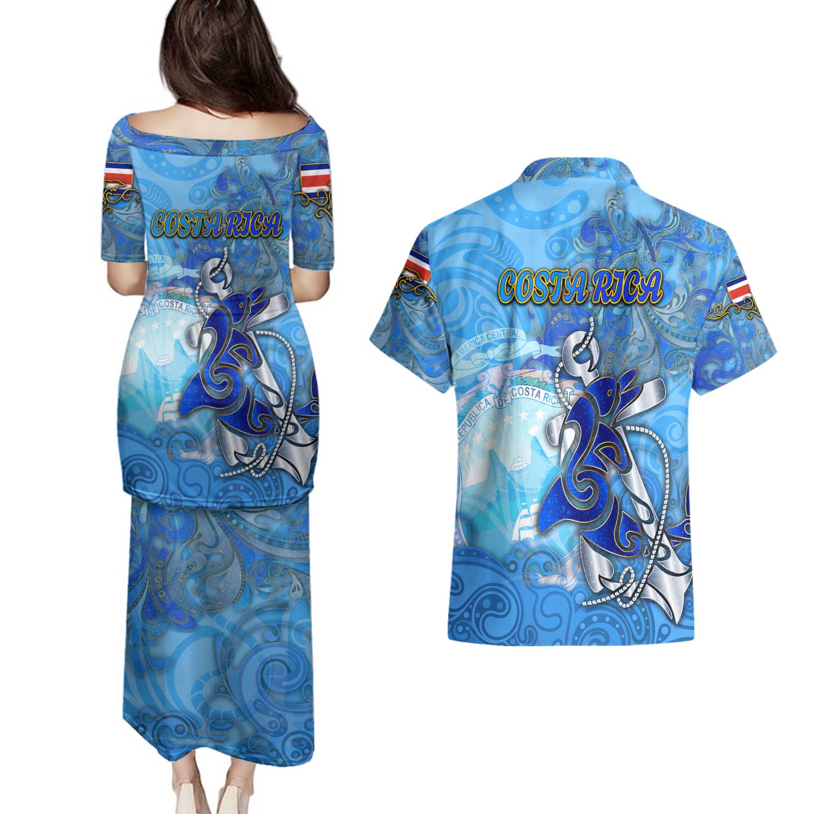Ocean Spirit of Costa Rica Couples Matching Puletasi and Hawaiian Shirt Anchored in Costa Rican Pride - Aussie Hoodie
